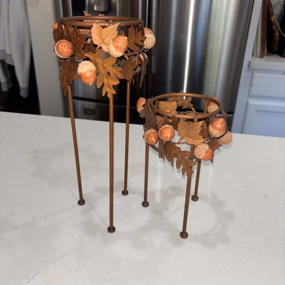 Autumn Fall Metal Leaves And Acorns Pillar Candle Holders Set